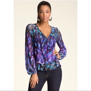 Bebe Peacock Print Sheer Surpliced Top